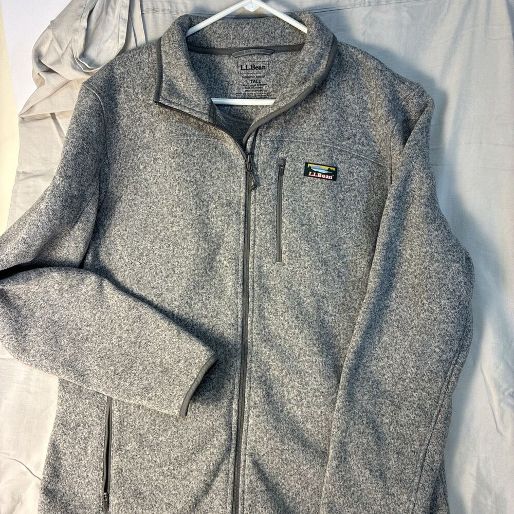 LLBean Mens Fleece Full Zip Jacket Speckled Gray L REG Warm Outdoor Layer